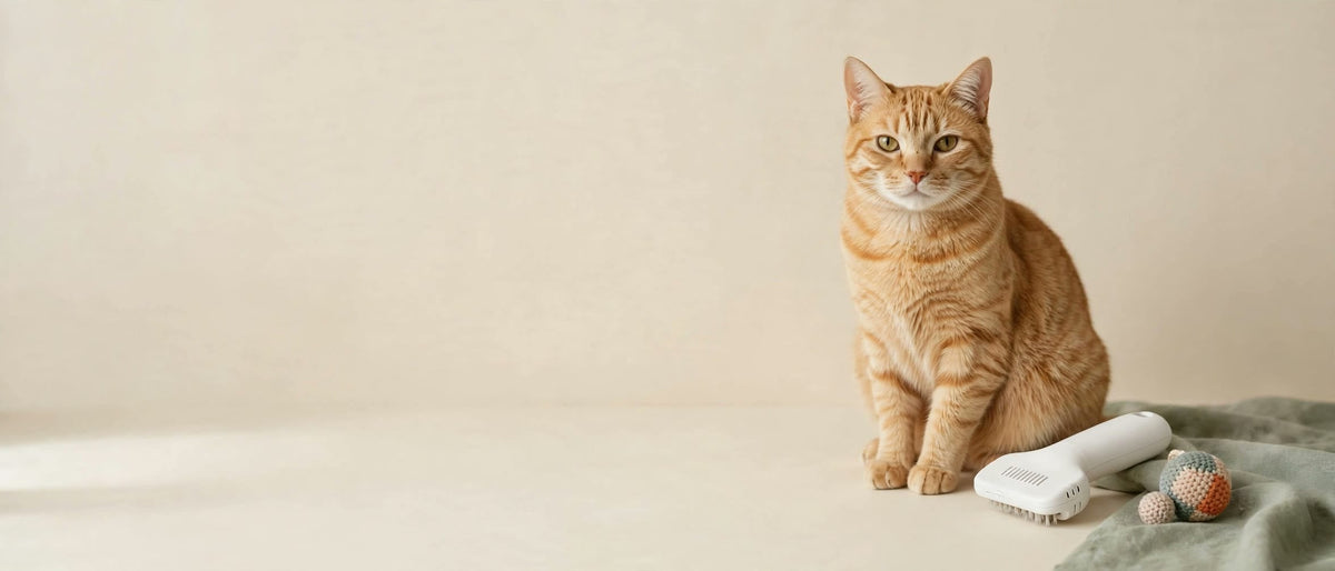 Chat roux assis à côté d'une brosse vapeur sur fond crème