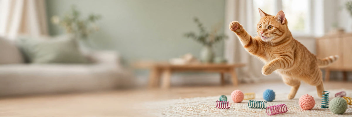 Chat roux qui joue avec des ressorts et des balles colorées
