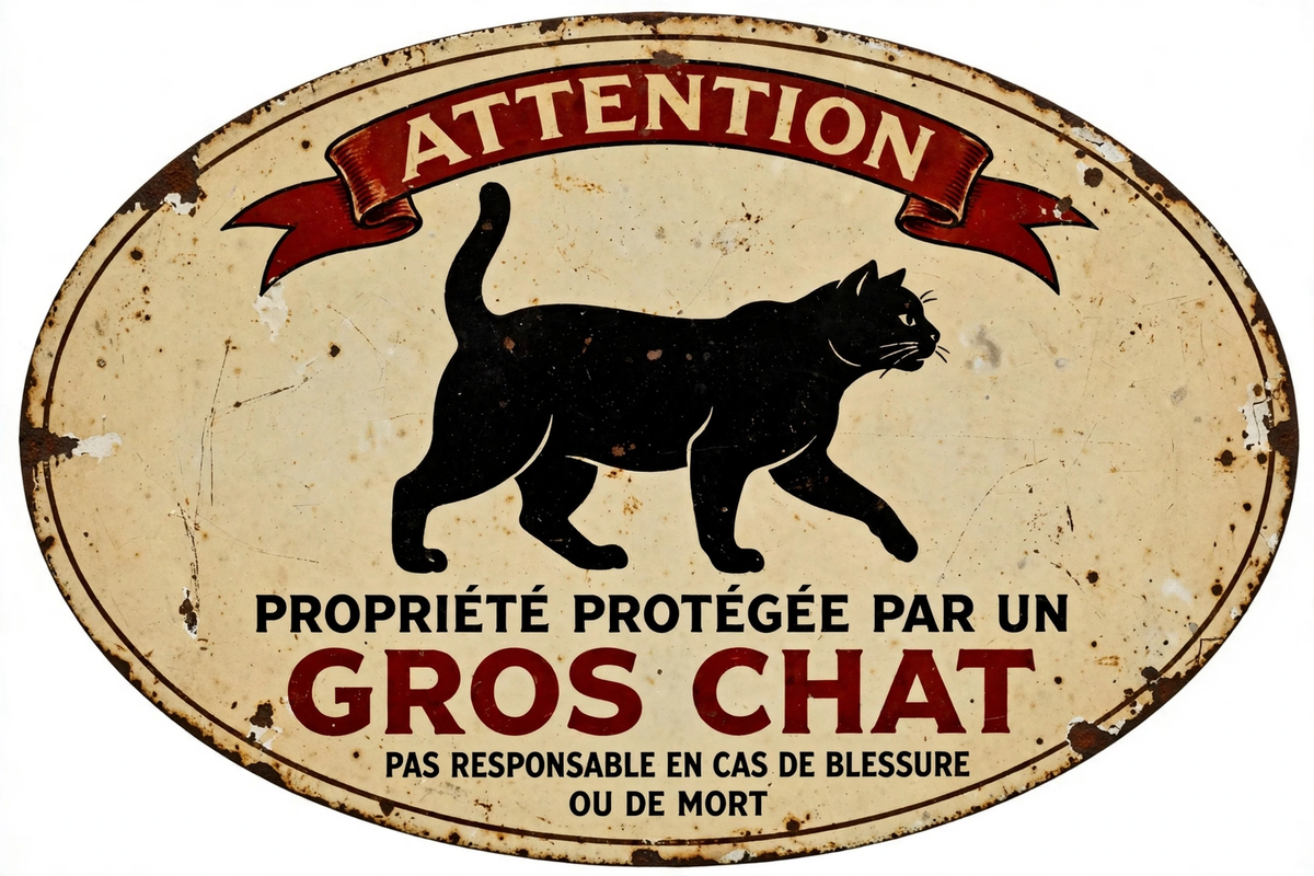 Pancarte émaillée vintage — Attention, gros chat