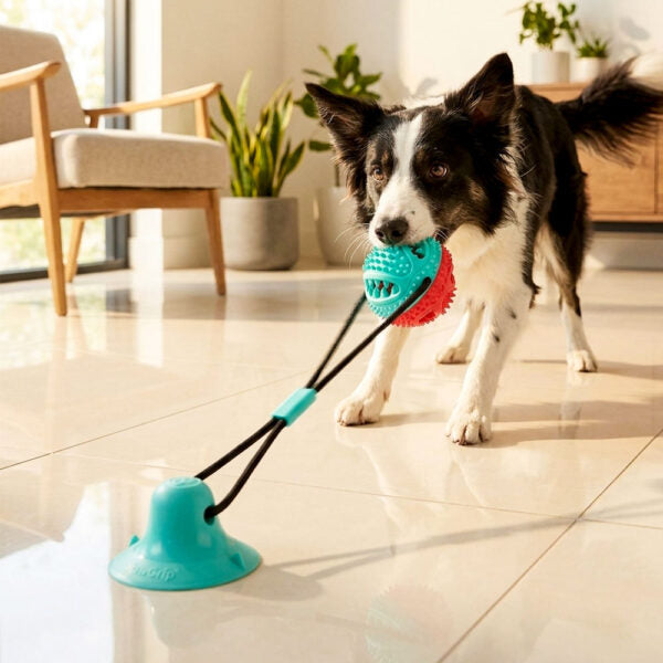 Border collie qui mâche la balle du jouet ventouse fixé au plancher