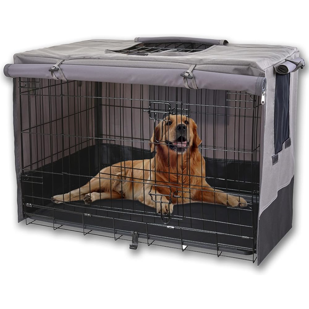 Housse de cage grise avec panneaux relevables, golden retriever détendu dans sa cage