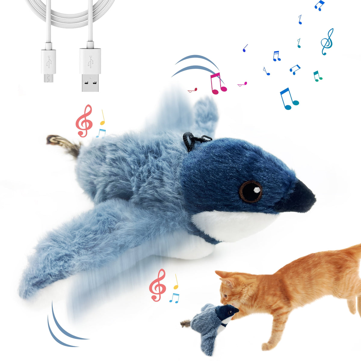 Oiseau bleu interactif qui bat des ailes pour chat, rechargeable USB, avec un chat qui joue