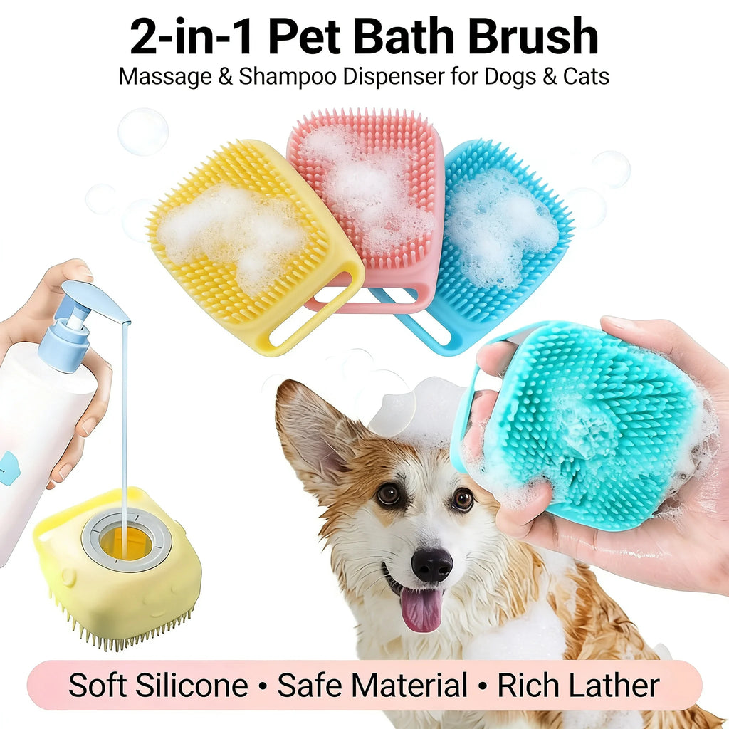 Brosse de bain en silicone avec réservoir à shampoing — chien et chat