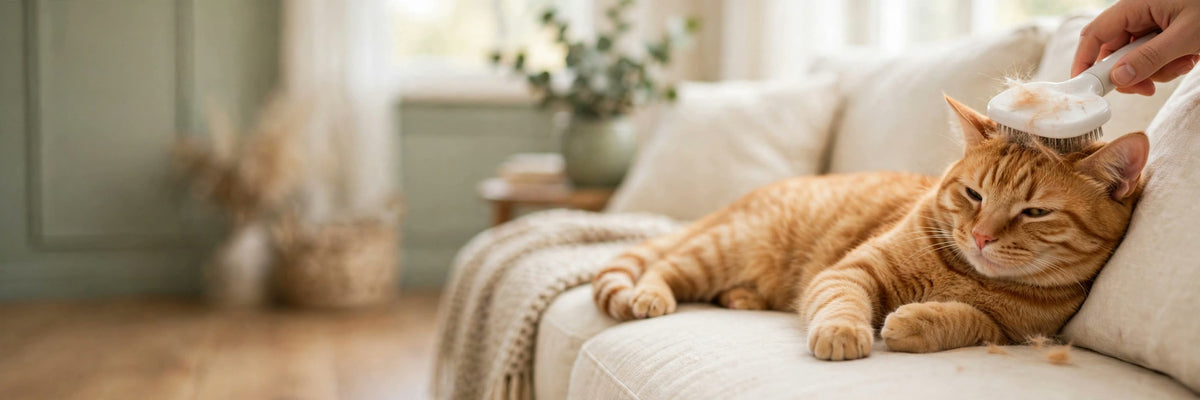 Chat roux détendu qui se fait brosser sur un divan crème