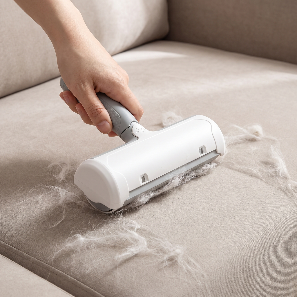 Rouleau anti-poils réutilisable qui ramasse les poils sur un divan