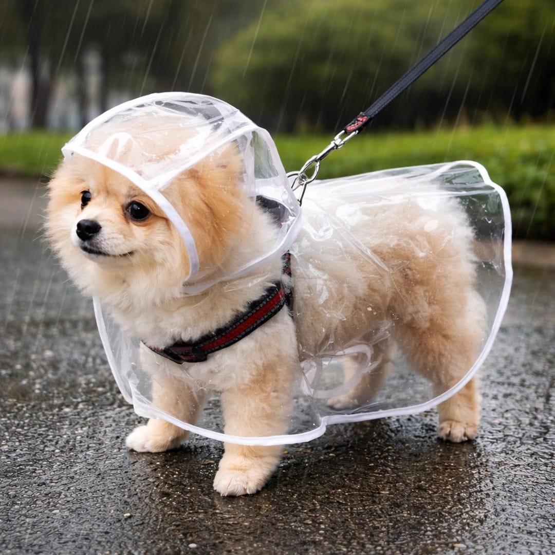 Petit chien portant un imperméable transparent avec capuchon