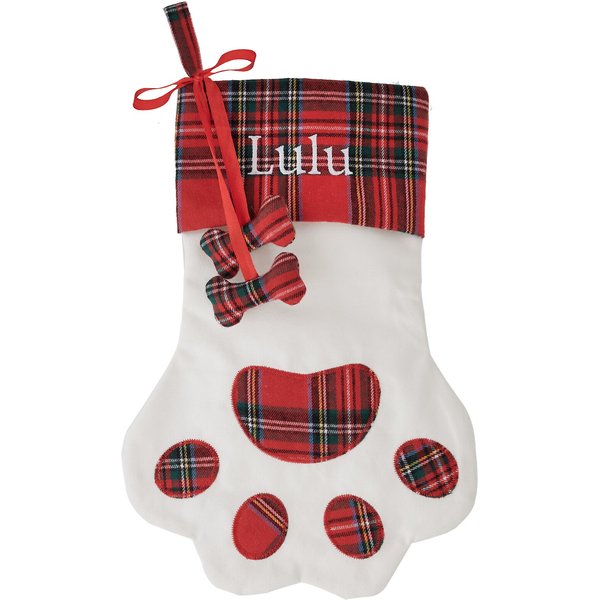 Bas de Noël en forme de patte, plaid rouge, personnalisé avec un nom