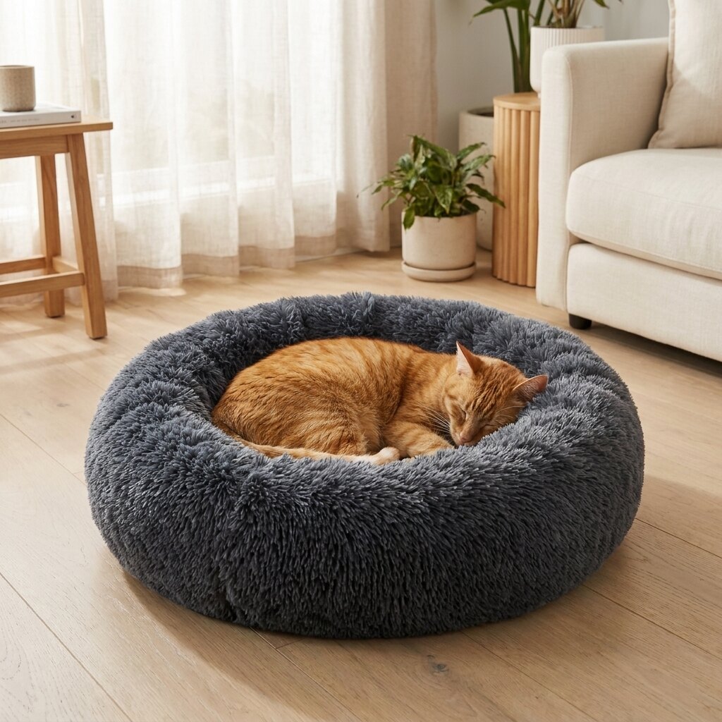 Chat roux qui dort dans un lit beigne apaisant gris